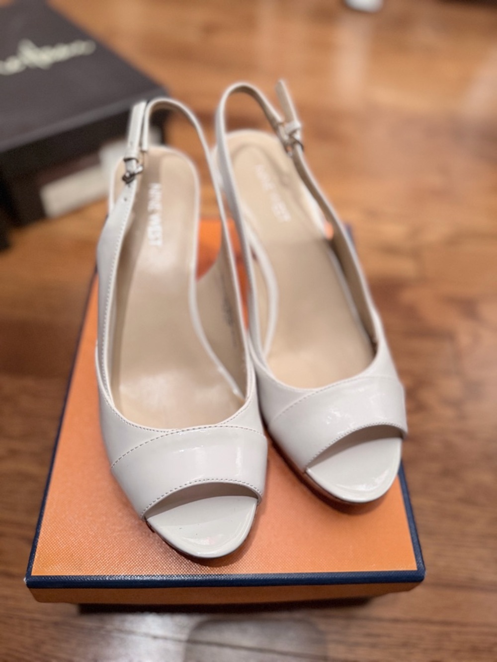 Nine West Cream Patent Leather Slingback Peep-Toe Heels